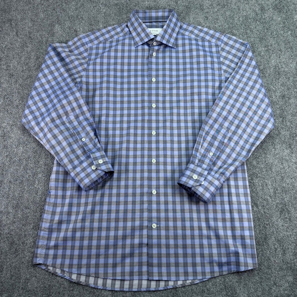 Eton Dress Shirt Mens 16.5 42‎ Large Blue Check Plaid Contemporary Fit Cotton